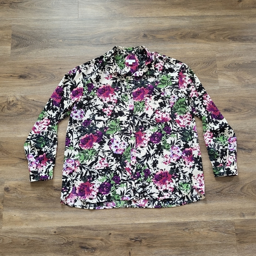 J Jill Size Small Petite Semi Sheer Floral Button Down Shirt Blouse Lightweight